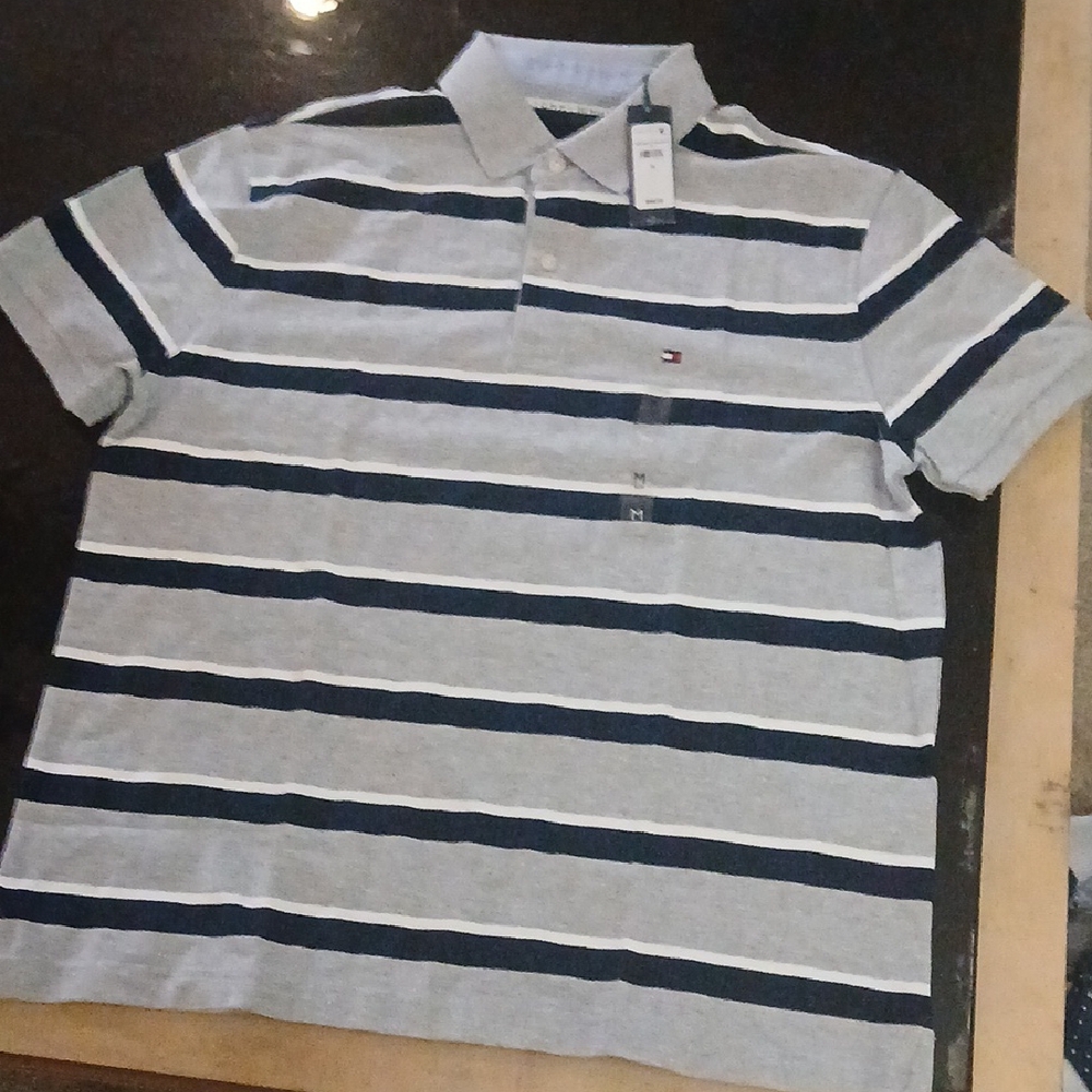 Tommy Hilfiger Men's Striped Polo Shirt - Blue and White